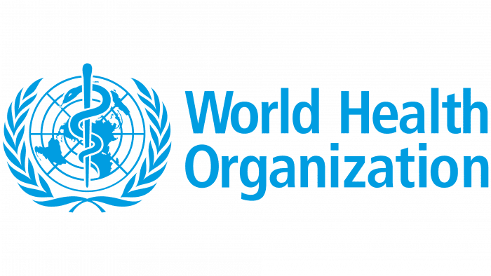 Circular blue logo of the World Health Organization features a  serpent entwined around a staff,  a picture of the world map, with a pair of laurel leaves at the bottom of the circle.